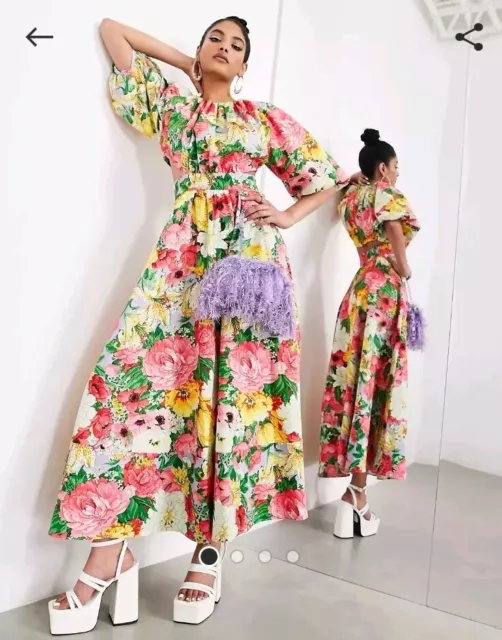BNWT ASOS Edition Floral Puff Sleeve Midi Dress With Cut Out Back Size 18