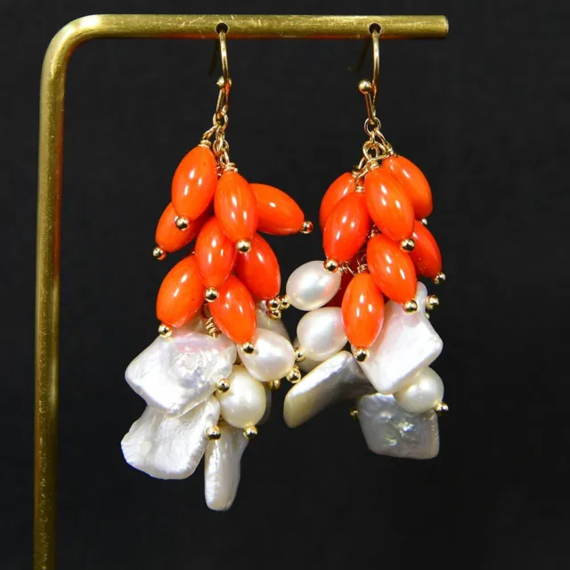Natural White Cultured Keshi Pearl Orange Rice Coral Hook Earrings For Women