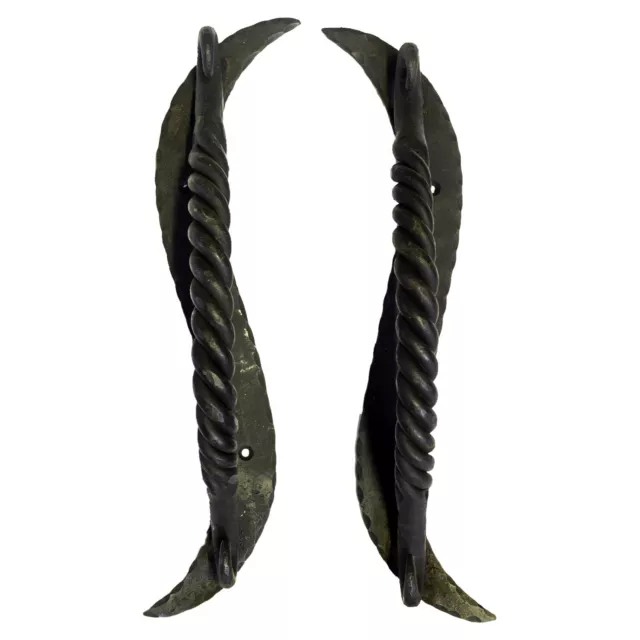 Twisted Door Handle in Wrought Iron Curled Ends Curved Backing Pull Set 13" Tall