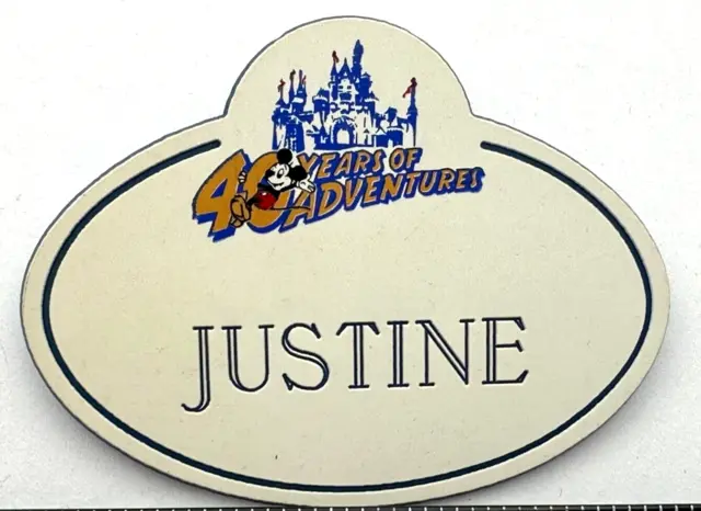 DLR 40th Cast Member Name Tag 'JUSTINE' Disneyland 1995 Pin Button Adventures