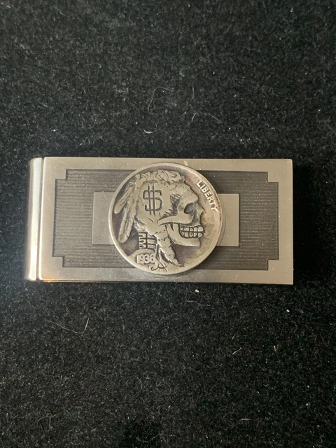 "HOBO" CARVED U.S. NICKEL MONEY CLIP Dollar Sign Skull $