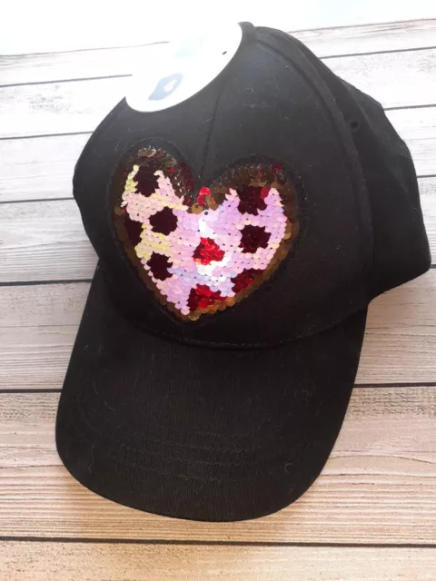 NWT Girl's OSFM Capelli Reversible Sequin Hat cap with Heart one size black