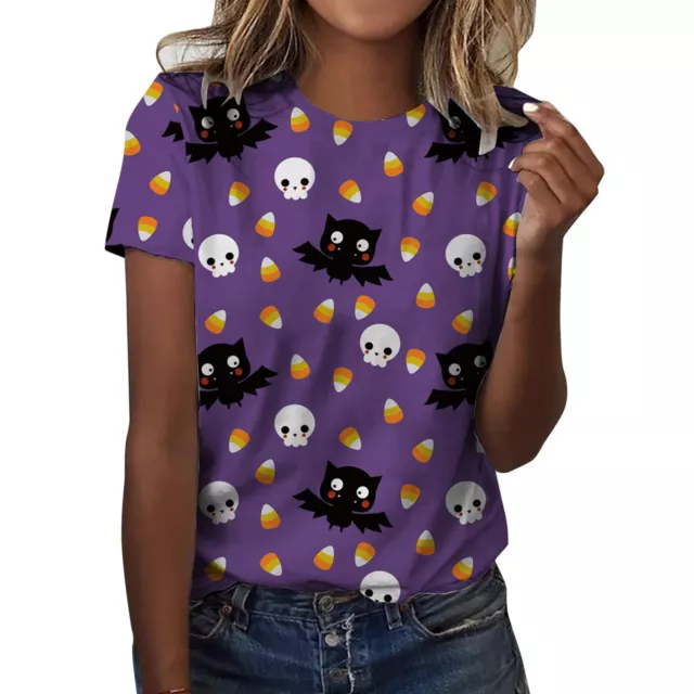 Womens Daily Halloween Print O Neck Tank Tops Short Sleeve Workout Shirts 2