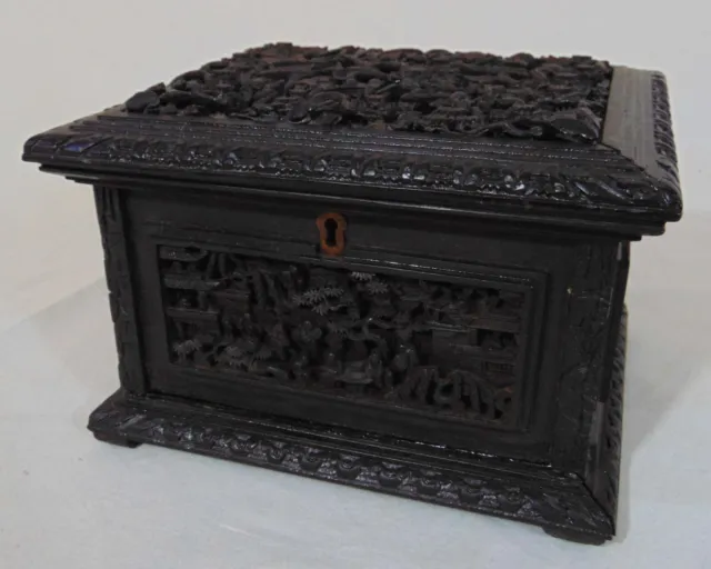 Antique Chinese Carved Black Jewelry Chest Casket Box Wooden Bonsai Pagoda