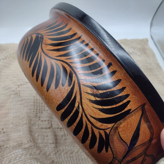 Large Mexican Wooden Carved Bird Floral Shellaced Bowl Folk Art Hand Painted 12