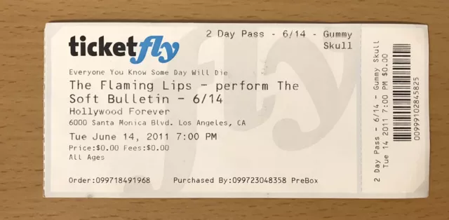 2011 The Flaming Lips Los Angeles 6/14 Concert Ticket Stub Soft Bulletin Embryon