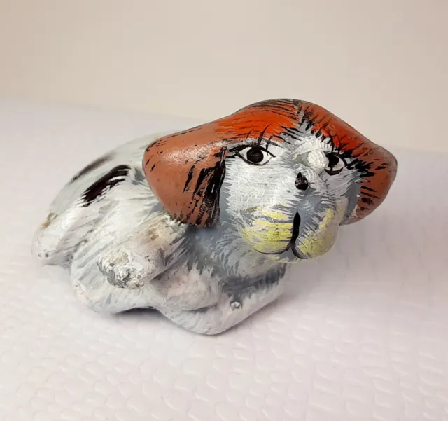 Folk Art Clay Figurine Small Dog Laying Down Hand Painted