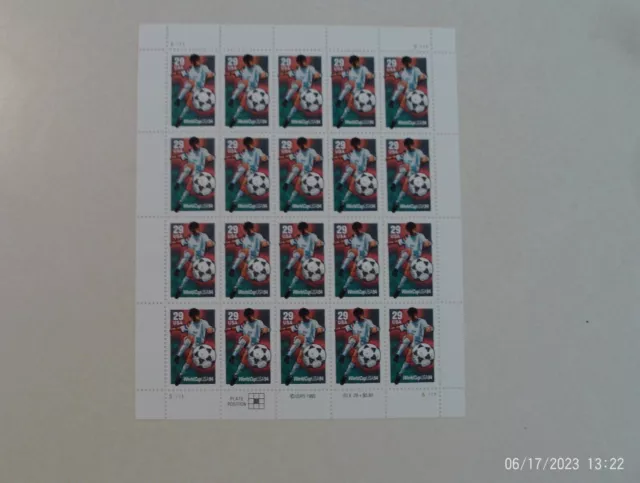 Us Scott 2834 World Cup Soccer Pane Of 20 Stamps 29 Cent Face Mnh