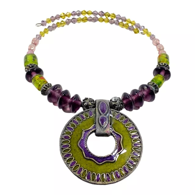 Ethnic Tribal Necklace Purple Green Glass Beads Pendant Choker Collar Boho 15.5"