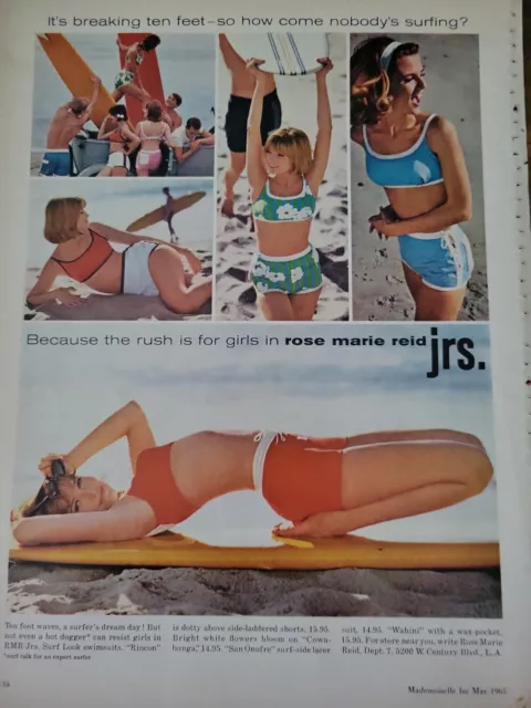 1965 Rose Marie Reid juniors womens  swimsuit beach surfboards vintage ad