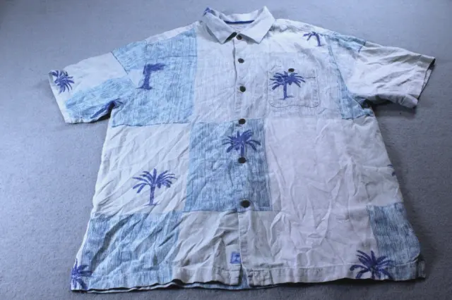 Tommy Bahama Shirt Mens Large Tan Blue Palm Tree 100% Silk Button Up Hawaii
