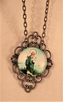 Delightful Looped Rim Brasstone St. Jude Thaddeus Glass Cameo Pendant Necklace