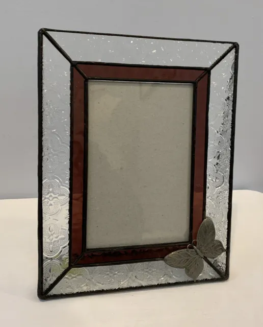 Beautiful and Unique Etched Stained Glass 4x6 Photo Frame With Butterfly LOOK!
