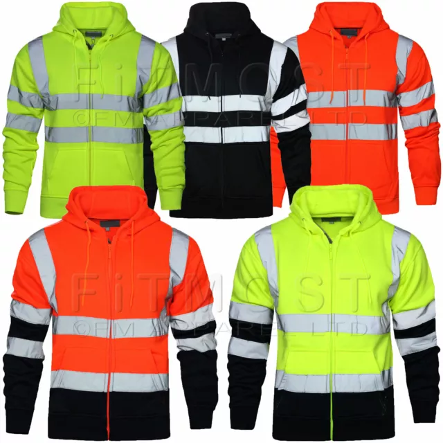 Hi Viz Vis High Visibility Jacket Hoodie Work Zip Hooded SweatShirt Fleece SMLXL