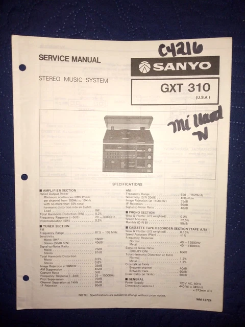 Sanyo Gxt310 Stereo Music System Original Service Repair Manual