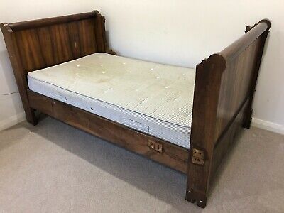 Antique French small double bed (lit bateau) with mattress and bed base 3