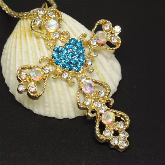 New Blue Golden Cross Prayer AB Crystal Pendant Betsey Johnson   China Necklace