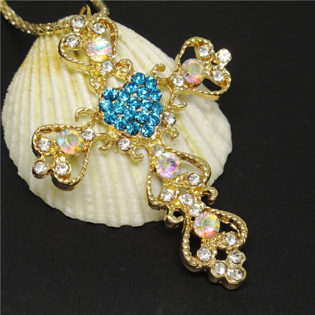 New Blue Golden Cross Prayer AB Crystal Pendant Holiday gifts  China Necklace