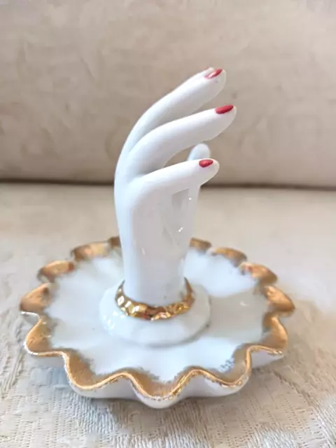 Vintage Enesco Porcelain Elegant Hand Figurine Ring Holder Jewelry Dish Red Nail