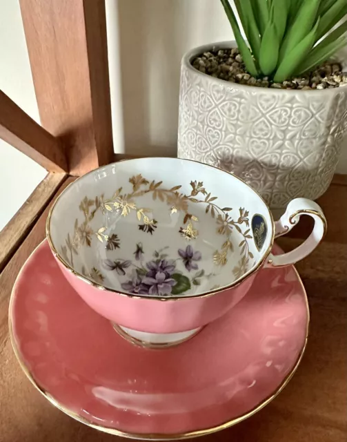 Aynsley Violets on Pink Tea Cup and Saucer Fine Bone China England 1970’ 2