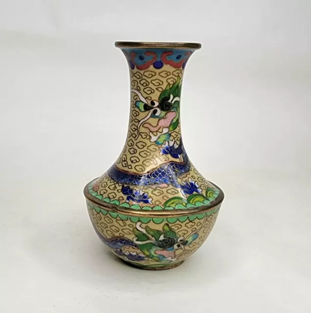 Special Vintage Chinese Cloisonne Enamel Brass Vase Blue Dragon Floral Rare 4"