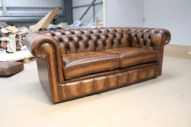 Chesterfield 2 Seater Sofa Real Leather Antique Tan Made In England