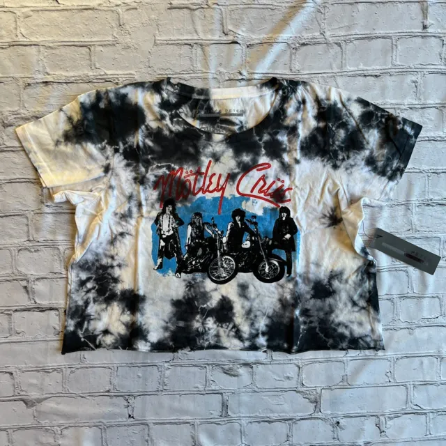 MOTLEY CRUE MOTORCYCLE Cropped T-shirt Large Distressed Tie Dye Brand New