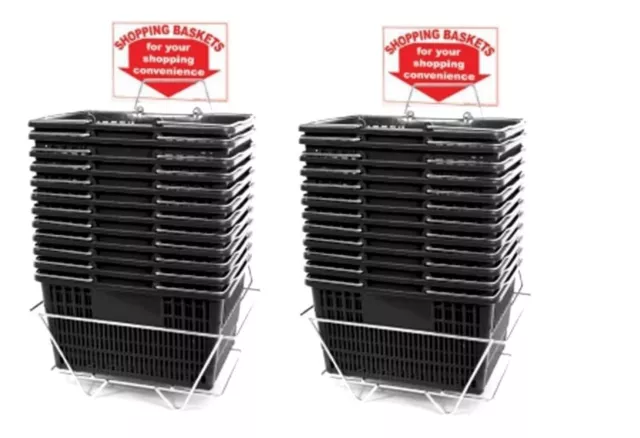 NEW 24 Standard Shopping Baskets - Chrome Handles - Metal Stand and Sign - Black