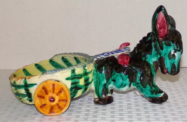 Vintage Italy Hand Painted 10 1/4" Long Donkey Pulling Round Cart Planter
