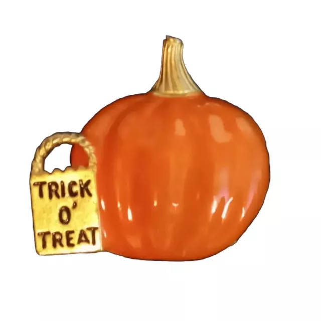 Trick or Treat Metal & Enamel Pumpkin & Treat Bag Halloween Brooch Pin Gold Tone