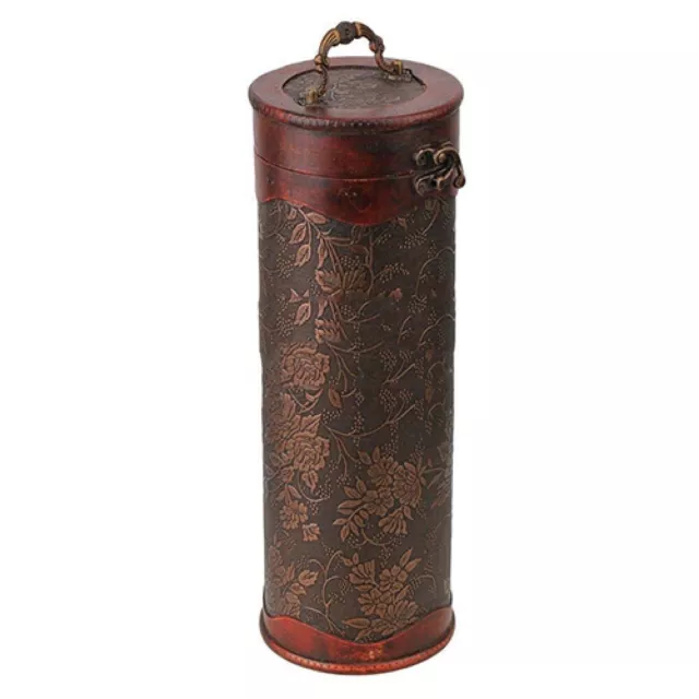 Wine Bottle Storage Box with Flowers Cylinder Vintage Retro Brown Wood and Metal