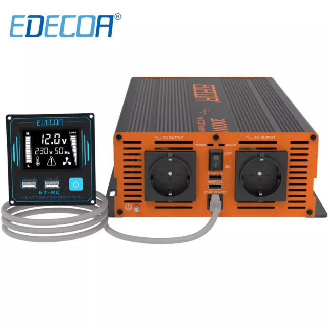 EDECOA Convertisseur 12V 220V Onduleur Pur Sinus 2000W 2X USB ET-RC PRO