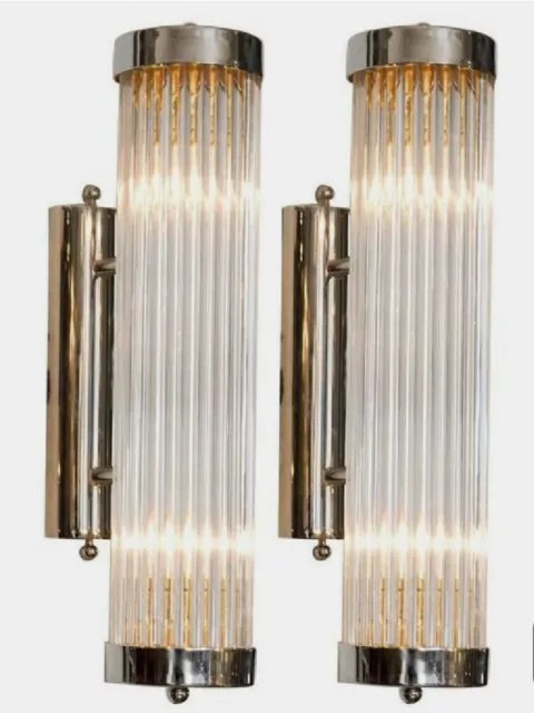 Pair Vintage Old Art Deco Chrome Brass & Glass Rod Ship Light Wall Sconces Lamp