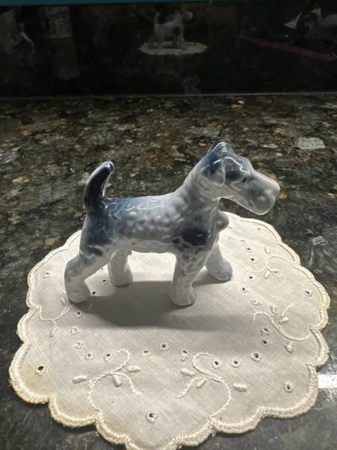Vintage Porcelain White & Blue Terrier Schnauzer Dog Figurine 3”