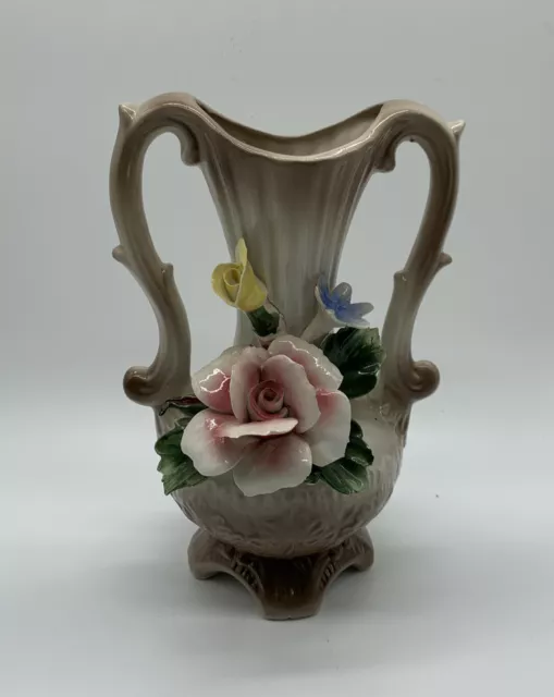 Vintage Nuova Capodimonte Double Handle Vase Pink Rose Read