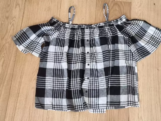 Girls NEXT Cold Shoulder Gingham Black/White Cotton Casual Top 16 Years VGC