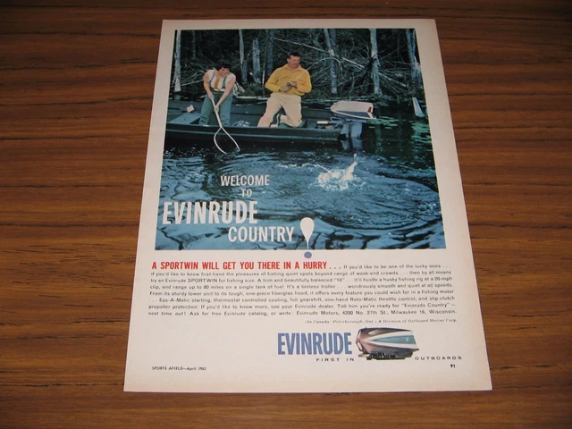 1962 Print Ad Evinrude Sportwin Outboard Motors Couple Fishing in Boat