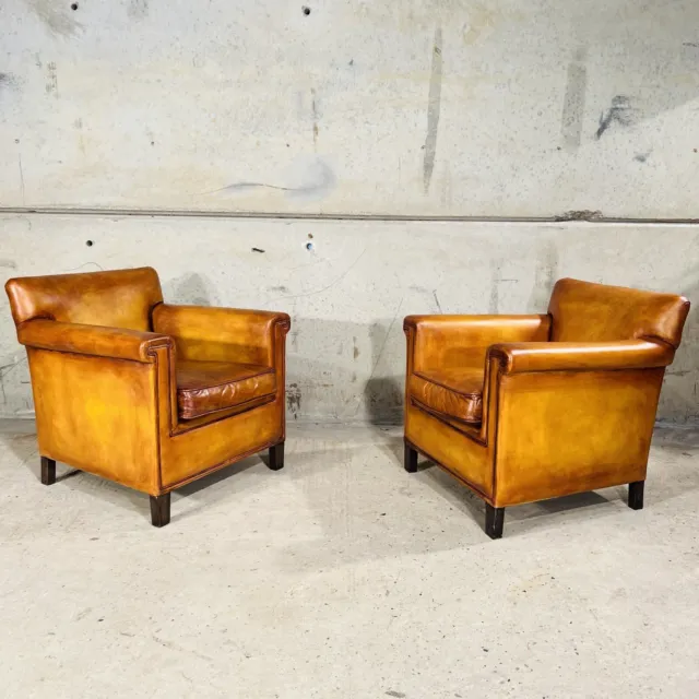 Neat Pair of  Vintage  Leather Armchairs - Hand-Dyed Leather Light Tan  # 3a