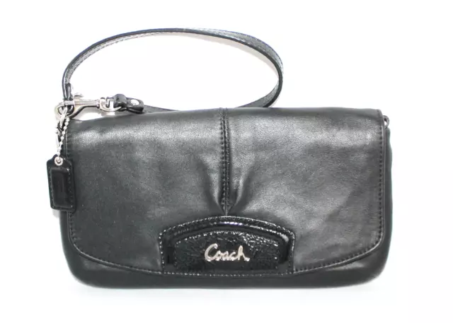 COACH Envelope Flap Wristlet Pouchette Black Full Grain Leather 2-Position Strap