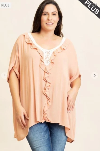 Plus Size Peach Coral Ruffle Gauze Tunic Top Embroidered Top Oversized 3X Plus Size Peach Coral Ruffle Gauze Tunic Top Embroidered Top Oversized 3X