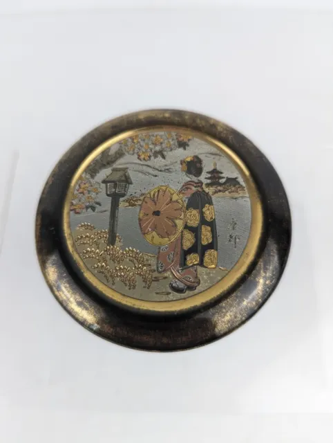 The Art of Chokin 24K Gold Edged Trinket Pot With Lid Vintage Japan Copper Art