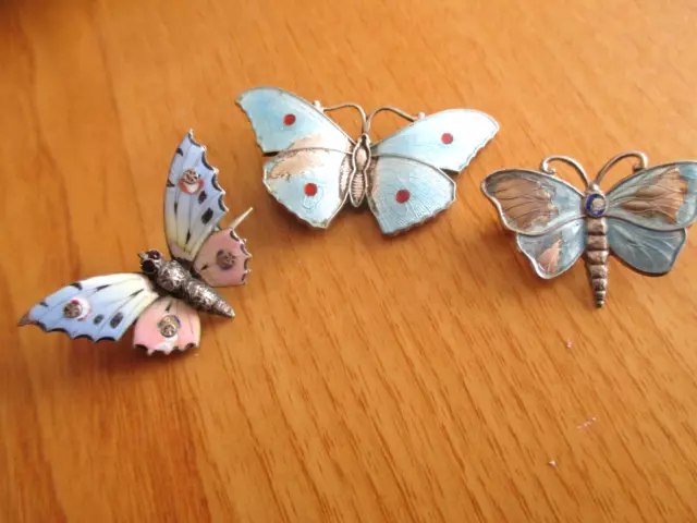 Vintage Three Silver Enamel Butterfly  Brooches(One C.horner) 9.5 Grms A/F