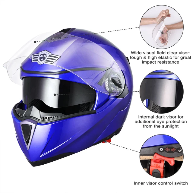 AHR DOT Motorcycle Helmet Flip up Full Face Dual Visor Bike Motocross Blue L