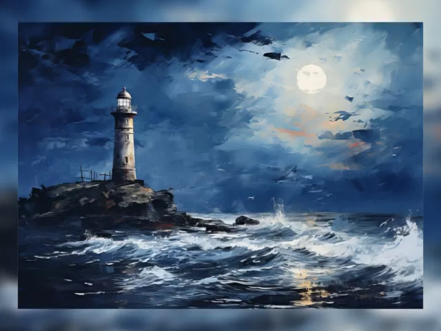 Lighthouse in Moonlight Oil Painting Print Art Decor 5"x7"