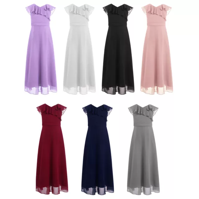 Kids Girls Elegant Chiffon Party Dress V Neck Floor Length Gown Evening Costumes