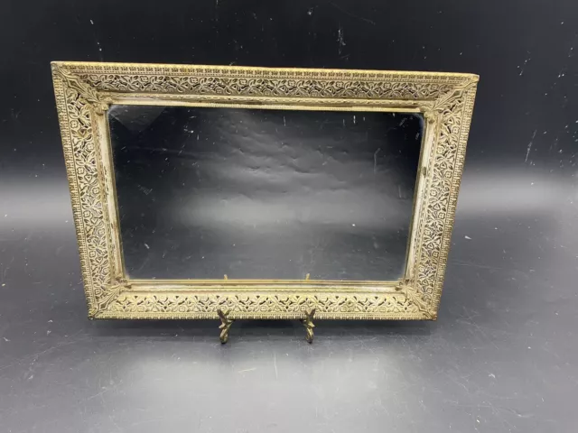 Vintage Mirrored Vanity Tray Dresser Perfume Gold Filigree Metal Footed Tray