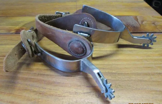 Vintage Pair Western Cowboy Spurs 10-point Hand Forged & Leather Straps
