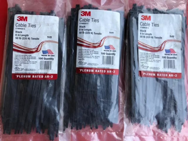 (300) 3M Ct8Bk50-C Black Colored 8" Inch 50 Lb Tensile Cable Zip Ties Usa Made