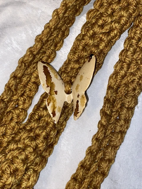 Vintage Macrame Plant Hanger Holder 39"L Ceramic Butterfly & Beads 4