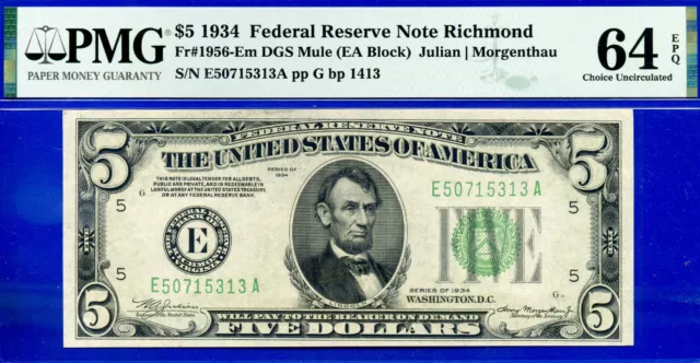 1934 $5 Federal Reserve Note PMG 64EPQ Richmond dark green seal mule Fr 1956-Em